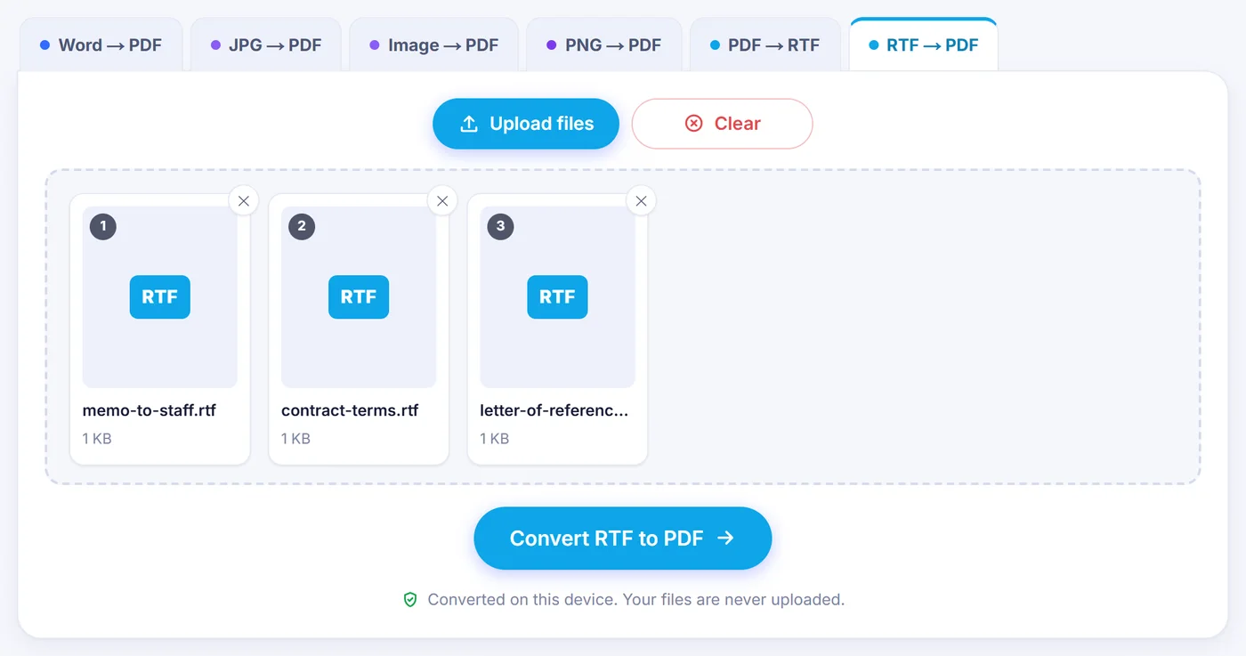 Three numbered RTF cards named memo-to-staff.rtf, contract-terms.rtf and letter-of-reference.rtf, each 1 KB, above the Convert RTF to PDF button