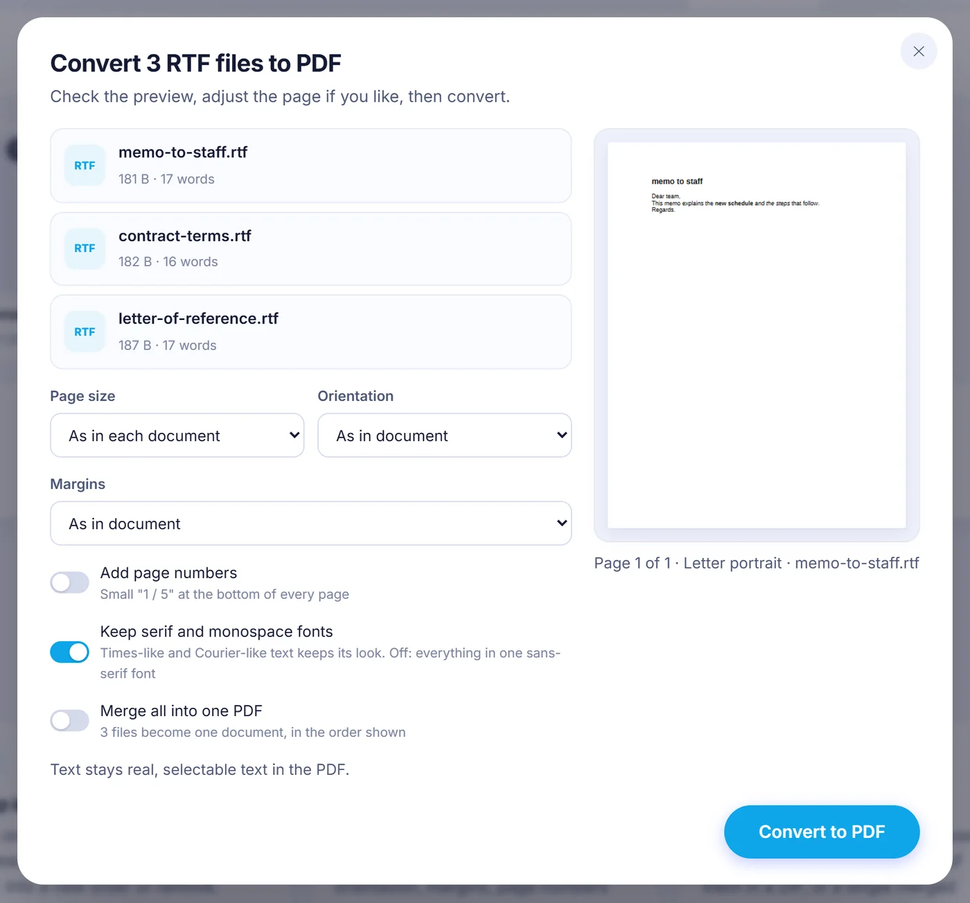 Convert 3 RTF files to PDF dialog with word counts, Page size, Orientation and Margins menus, three toggles and a Letter portrait preview of memo-to-staff.rtf