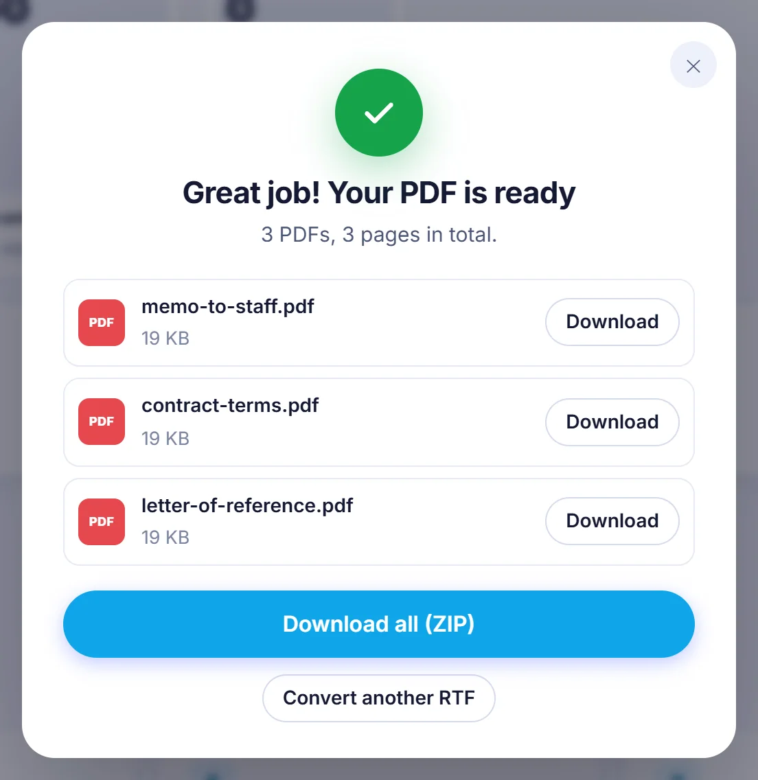 Your PDF is ready window listing memo-to-staff.pdf, contract-terms.pdf and letter-of-reference.pdf at 19 KB each with Download buttons and a ZIP button